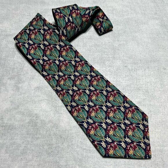 VINTAGE 1960s ROOSTER BY MAX RAAB GREEN NAVY FLORAL MENS SILK NECKTIE MADE IN US - Picture 1 of 4